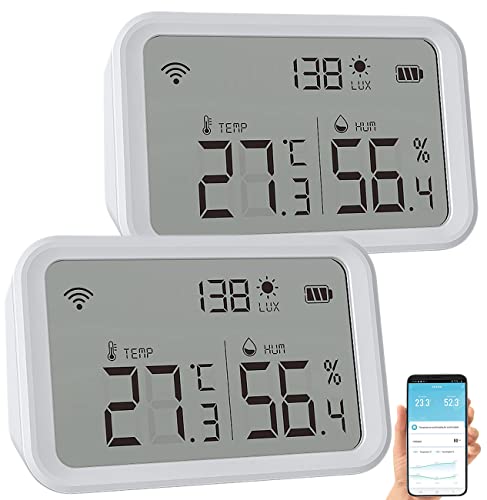 Luminea Home Control Smart Thermometer: 2er-Set 3in1-WLAN-Sensoren: Temperatur, Luftfeuchtigkeit & Helligkeit (Hygrometer WLAN, Thermometer Digital, Luftentfeuchter) von Luminea
