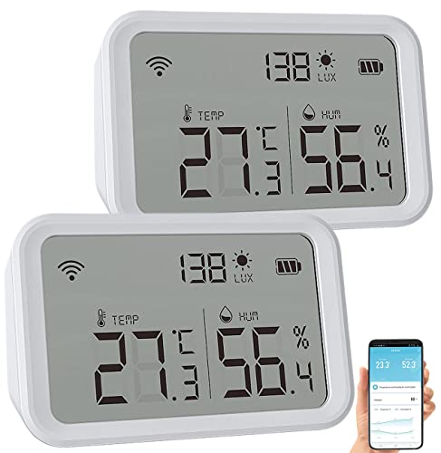 Luminea Home Control WLAN Hygrometer: 2er-Set 3in1-WLAN-Sensoren: Temperatur, Luftfeuchtigkeit & Helligkeit (Lichtsensor, Smarthome-Schalt-Set, Luftentfeuchter) von Luminea