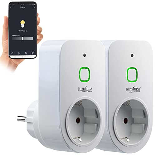 Luminea Home Control Dimmbare Steckdose: 2er Smarte WLAN-Dimmer-Steckdose mit Phasenabschnittsdimmer bis 200 W (Dimmersteckdose, Lampen-Dimmer Steckdose, Halogenlampen) von Luminea