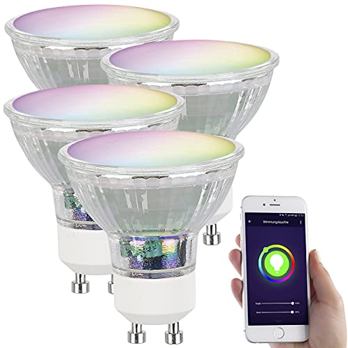 Luminea Home Control GU10 Smart: 4er-Set WLAN-RGB/CCT-Glas-Lampen, GU10, für Siri, Alexa & GA, 4,5 W (WLAN-LED-Lampen GU10 RGBW, LED Einbaustrahler Alexa, Wohnzimmerleuchten) von Luminea