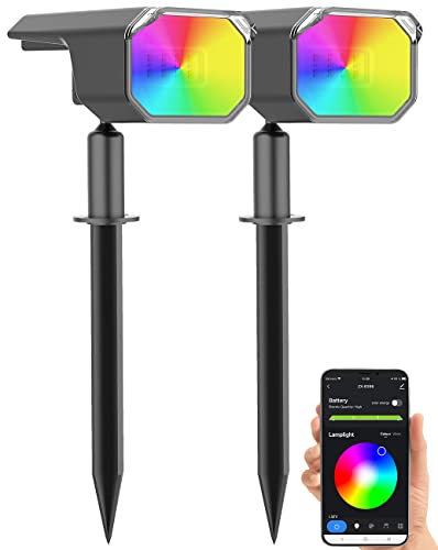 Luminea Home Control LED-Spot mit Erdspieß: 2er-Set smarte Solar-Spots, RGB-CCT-LED, 100 lm, 2.200 mAh, 1 W, IP65 (Solarstrahler mit Bluetooth, LED Solarspot, Gewächshaus) von Luminea