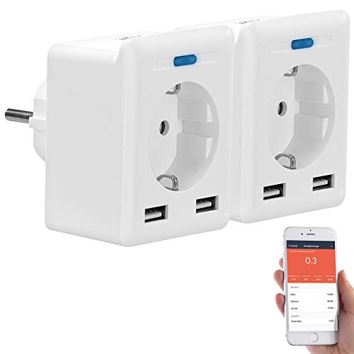 Luminea Home Control Energie Monitor: 2er-Set WLAN-Steckdosen, 2 USB, App, komp. zu Alexa, Google, Siri (USB-Steckdose Ladegerät, Alexa kompatible Steckdose, Bedienungsanleitungen) von Luminea