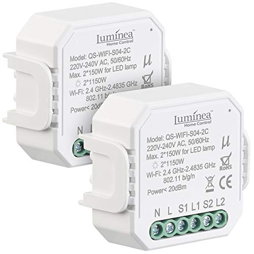 Luminea Home Control Unterputzschalter: 2er-Set WLAN-Unterputz-2-Kanal-Lichtschalter mit App & Sprachsteuerung (Smarthome Schalter, WLAN-Lichtschalter Alexa, Deckenventilator) von Luminea