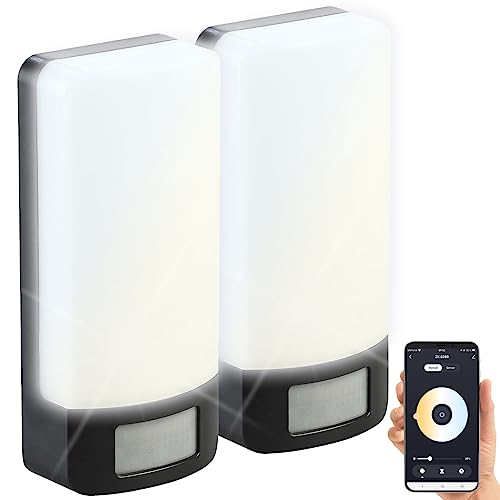 Luminea Home Control Smarte WLAN-Außenleuchte: 2er-Set CCT-LED-Außen-Wandleuchten, PIR-Sensor, 10 W, 850lm, IP44, App (Außenleuchten LED Bewegungsmelder, Außenbeleuchtung dimmbar, Lampe Melder) von Luminea