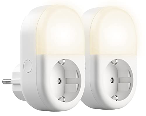 Luminea Home Control Nachtlicht Zeitschaltuhr: 2er-Set WLAN-Steckdose mit LED-Nachtlicht, App & Sprachsteuerung, 16 A (Nachtlicht Steckdose Timer, Nachtlicht mit Zeiteinstellung, Lichtschalter) von Luminea