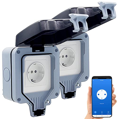 Luminea Home Control Außensteckdose: 2er-Set Outdoor-WLAN-Aufputzsteckdosen, Sprachsteuerung, Messung, App (Steckdose Outdoor, WiFi Außensteckdose, Weihnachtsbaumbeleuchtung) von Luminea