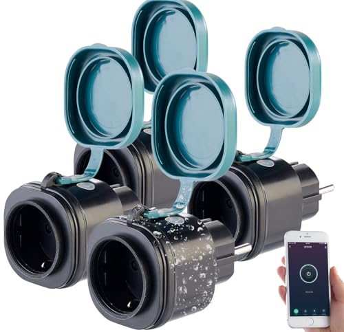Luminea Home Control Zeitschaltuhr WLAN außen: 4er-Set Outdoor-WLAN-Steckdosen mit Energiekostenmesser, App (WLAN Steckdosen mit Fernbedienung, Steckdosen mit WLAN-Steuerung, Weihnachtsbeleuchtung) von Luminea