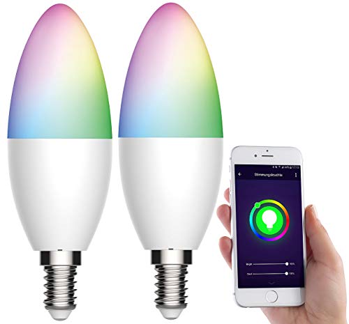 Luminea Home Control LED Kerzen Alexa: 2er-Set WLAN-LED-Kerze, E14, RGB-CCT, 5,5 W (ersetzt 40 W), 470lm, App (LED E14 dimmbar, WiFi, Stimmungslicht) von Luminea