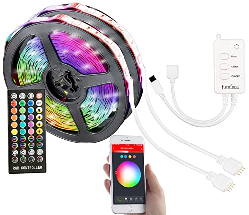 Luminea Home Control LED Band App Steuerung: WLAN-RGB-LED-Streifen mit Sound-Steuerung, App, Sprachsteuerung, 10 m (LED Streifen Soundsteuerung, LED Streifen mit App steuern, Steckdose Schalter) von Luminea