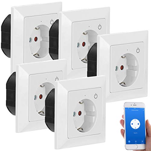 Luminea Home Control Funksteckdose mit App: WLAN-Unterputz-Steckdose mit App, für Siri, Alexa & GA, 5er Pack (Programmierbare Steckdose, Smarthome Unterputz-Steckdose, Tischsteckdose) von Luminea