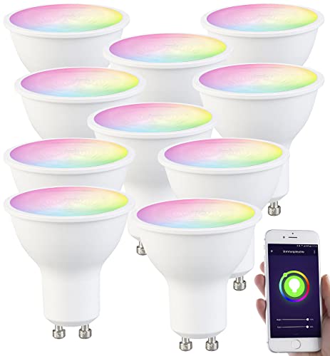 Luminea Home Control GU 10 LED: 10er-Set WLAN-LED-Spots, GU10, RGB-CCT 4,5Watt, 326 lm, 45°, App (WLAN LED Lampe, GU10 LED RGBW, Wohnzimmerleuchten) von Luminea