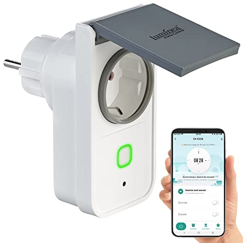 Luminea Home Control Zeitschaltuhr: WLAN-Outdoor-Steckdose, HomeKit-fähig, App, Sprachbefehl, Strommessung (Zeitschaltuhr mit Fernbedienung, Elesion Steckdose außen, Funkschalter) von Luminea