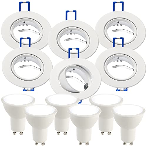 Luminea GU10 tageslichtweiß: 6er-Set Alu-Einbaustrahler-Rahmen, weiß, inklusive LED-Spots (GU10 LEDs tageslichtweiß, GU10-Spot Fassung, Einbauleuchten) von Luminea