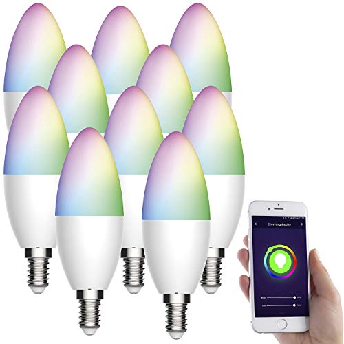 Luminea Home Control Alexa-Leuchtmittel E14: 10er-Set WLAN-LED-Lampe kompatibel mit Amazon Alexa/Google Assistant, E14, 5,5 W (Smart Glühbirne, RGB Glühbirne, Kerzen) von Luminea