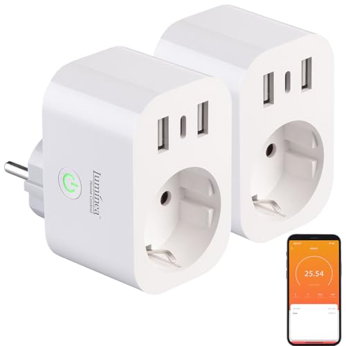 Luminea Home Control WLAN-Steckdose Schalter: 2er-Set WLAN-Steckdose m. Energiekostenmesser, 1x USB-C 20W, 2x USB-A (& Verbrauchsmessung, mit Anschluss, Handy Ladestation) von Luminea