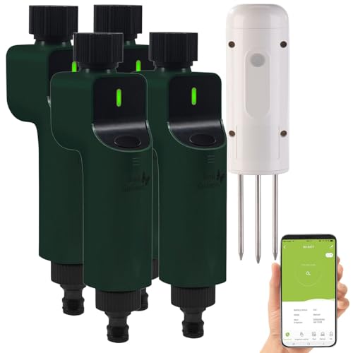 Luminea Home Control Ventil: 4X ZigBee-Bewässerungscomputer + 1x Boden-Feuchte- & Temperatursensor (Bodentemperaturthermometer, Bewässerungssteuerungen ZigBee, Gartenschlauch) von Luminea