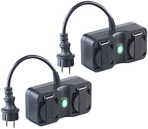 Luminea Home Control Alexa Steckdosen aussen: 2er-Set 2-fach-WLAN-Outdoor-Steckdose, App, Sprachsteuerung, 16A, IP44 (Smart-Steckdosenleiste, Steckdosen mit Klappdeckeln, Weihnachtsbaumbeleuchtung) von Luminea