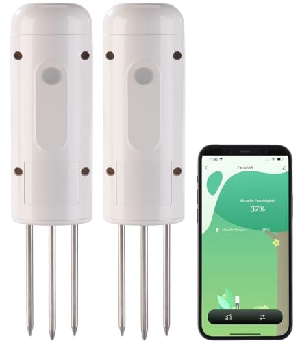 Luminea Home Control Feuchtigkeitssensor Erde: 2er-Set smarte ZigBee-Boden-Feuchtigkeits- & Temperatursensoren (Boden Feuchtigkeitsmesser Smart, Bodenthermometer, Pflanzen Sensor) von Luminea
