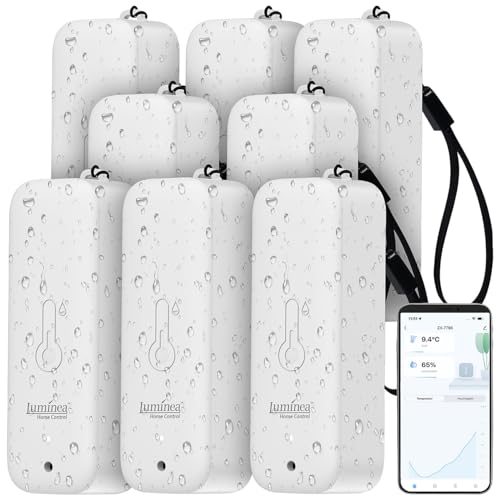 Luminea Home Control Funk Sensor: 8er-Set Thermometer & Hygrometer mit Bluetooth & App, wetterfest, IP65 (Thermometer für Außenbereich, Smart mit App, Kühlschrank Alarm) von Luminea