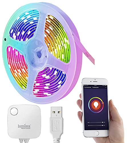 Luminea Home Control LED Lichterband: USB-RGB-LED-Streifen mit WLAN, App, Sound- & Sprachsteuerung, 3 m (Smarthome-LED-Strip, RGB-LED-Strips Alexa, Glaskantenbeleuchtung) von Luminea
