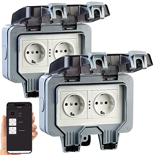 Luminea Home Control WLAN Steckdose Outdoor: 2er-Set Outdoor-WLAN-Doppelsteckdosen, Sprachbefehl, Strommessung, App (Zeitschaltuhr Steckdosen WLAN, Stromverbrauchs-Zähler-Steckdosen) von Luminea