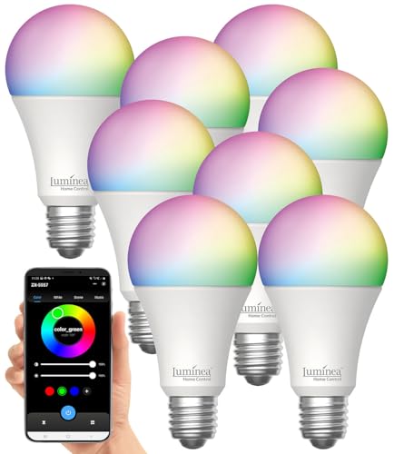Luminea Home Control Glühbirne Farbe: 8er-Set WLAN-LED-Lampen, E27, Matter-kompatibel, RGB, CCT, 806 Lumen (LED-Glühbirne mit Fernbedienung, E27 warmweiß dimmbar, Leuchtmittel kaltweiß) von Luminea
