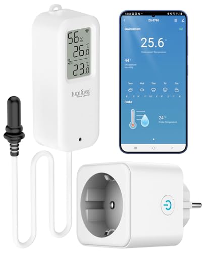 Luminea Home Control Wlansteckdosen: WLAN-Temperatur-/Luftfeuchtigkeitsmesser mit WLAN-Steckdose, App (Thermometer Hygrometer mit Fühler, Thermometer mit Fühler) von Luminea