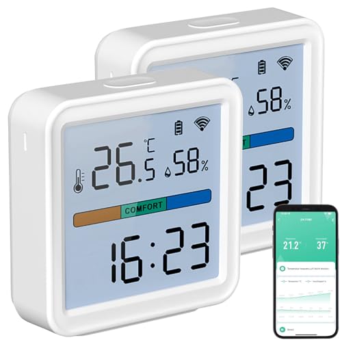 Luminea Home Control Temperatursensor WLAN: 2er-Set WLAN-Temperatur-und Luftfeuchtigkeitssensor, Datenlogger (Smart Thermometer, WLAN-Thermometer-Hygrometer, Luftbefeuchter für Heizung) von Luminea