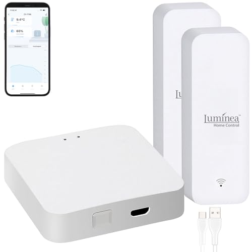 Luminea Home Control Thermometer App WLAN: 2er-Set Temperatur- & Feuchtigkeits-Sensoren + WLAN-Gateway, App (Smart-Home-Thermometer, Google, Luftbefeuchter für Heizung) von Luminea