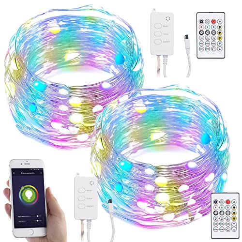 Luminea Home Control RGB-LED-Lichterkette: 2er RGB-LED-Lichterdraht mit Musik-Steueurung, WLAN und App, USB, 10 m (WiFi-RGB-LED-Lichterkette, Lichterkette USB Fernbedienung, Solar Schlauch) von Luminea