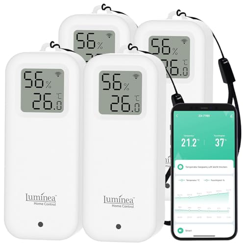 Luminea Home Control Thermohygrometer: 4er-Set WLAN-Temperatur- und Luftfeuchtigkeitssensor mit Display, App (Thermometer Digital innen außen, Digitales Hygrometer mit WLAN, Kühlschrank Alarm) von Luminea