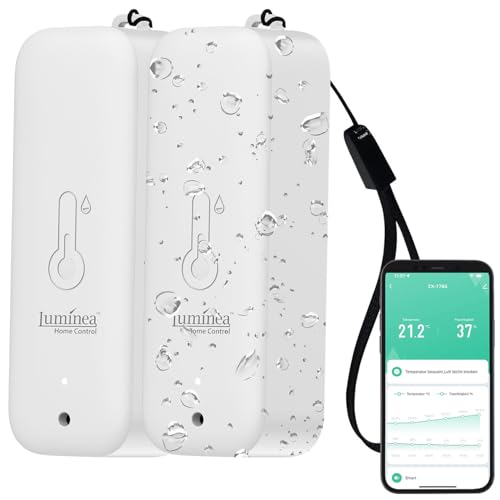 Luminea Home Control Temperatursensor WiFi: 2er-Set WLAN-Außen- und Innen-Temperatur- und Luftfeuchtigkeitssensor (Thermometer innen außen Funk, Outdoor Temperatur Sensor, Kühlschrank Alarm) von Luminea