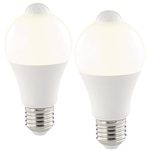 Luminea E27 Bewegungsmelder: 2er-Set LED-Lampe, PIR-Sensor, 10 W, E27, warmweiß, 3000 K, 1.055 lm (Birne mit Bewegungsmelder, E27 LED mit Bewegungsmelder, Bewegungssensoren Dämmerungssensoren) von Luminea