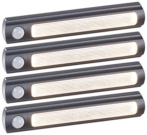Luminea LED Leisten zum Kleben: 4er-Set Batterie-LED-Schrankleuchten, PIR- & Lichtsensor, 0,6W, 3000 K (Schrankleuchten zum Kleben, LED Schrankleuchte mit Sensor, Kabellose Lampen) von Luminea