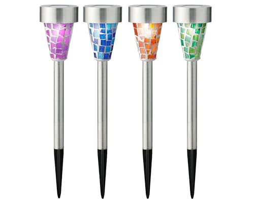 LED Solar Außenleuchten Mosaik 28cm Edelstahl 4er Set - Solarleuchten Gartenlichter zum Stecken - Gartenleuchten Wegeleuchten Gartenlampen - Solarlampen & Gartenbeleuchtung für Außen Garten - Kaltweiß LED Solar Außenleuchten Mosaik 28cm Edelstahl 4er Set - Solarleuchten Gartenlichter zum Stecken - Gartenleuchten Wegeleuchten Gartenlampen - Solarlampen & Gartenbeleuchtung für Außen Garten - Kaltweiß von Lumineo