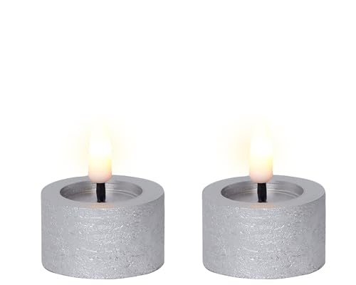 LED Teelichter mit Timer 4,4x5cm Wachs 2 Stück - Wachskerzen mit 6 Stunden Timerfunktion - Echtwachskerze batteriebetrieben - Flammenlose Kerzen als Tischkerzen Dekokerzen Teelicht - Silber Warmweiß von Lumineo