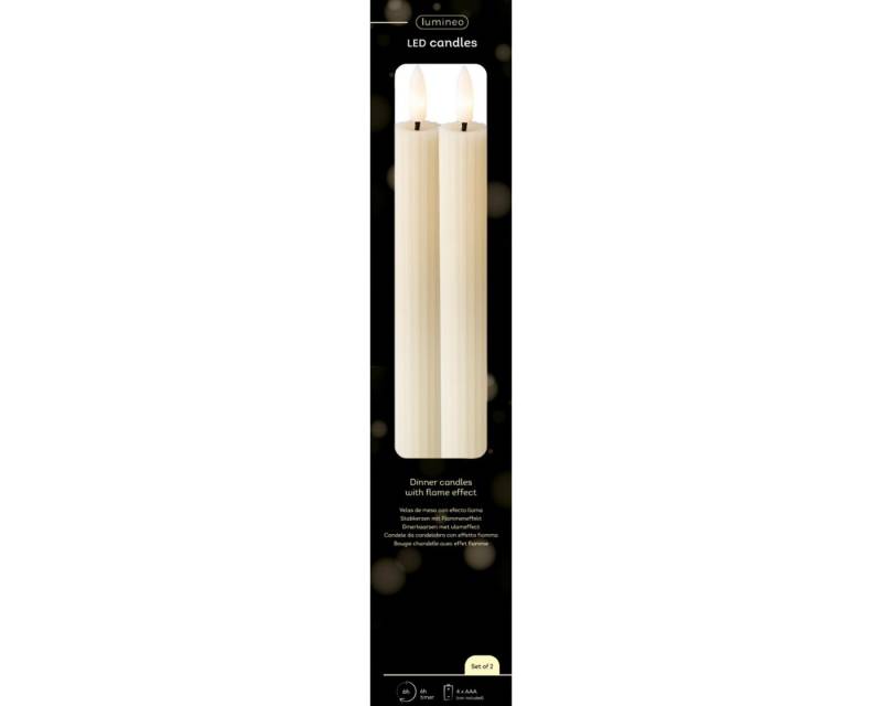 Lumineo LED-Christbaumkerzen Lumineo LED Spitzkerzen, 2er-Set Creme, warm weiß, 6h-Timer, Batteriebetrieben (4x AAA), 6h-Timer, Stabkerzen von Lumineo