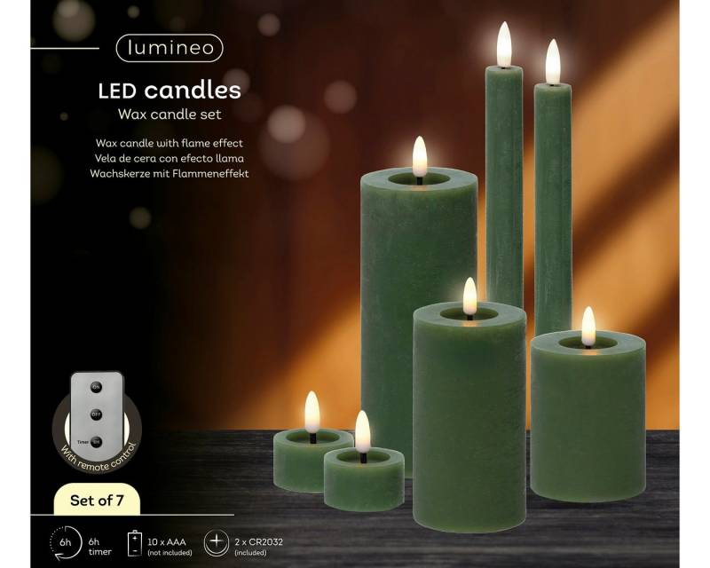 Lumineo LED-Christbaumkerzen Lumineo LED Wachskerzen 7er-Set Grün, batteriebetrieben, 6h-Timer, Indoor, Flacker-Effekt, 2x AAA Batterien, mit Fernbedienung von Lumineo