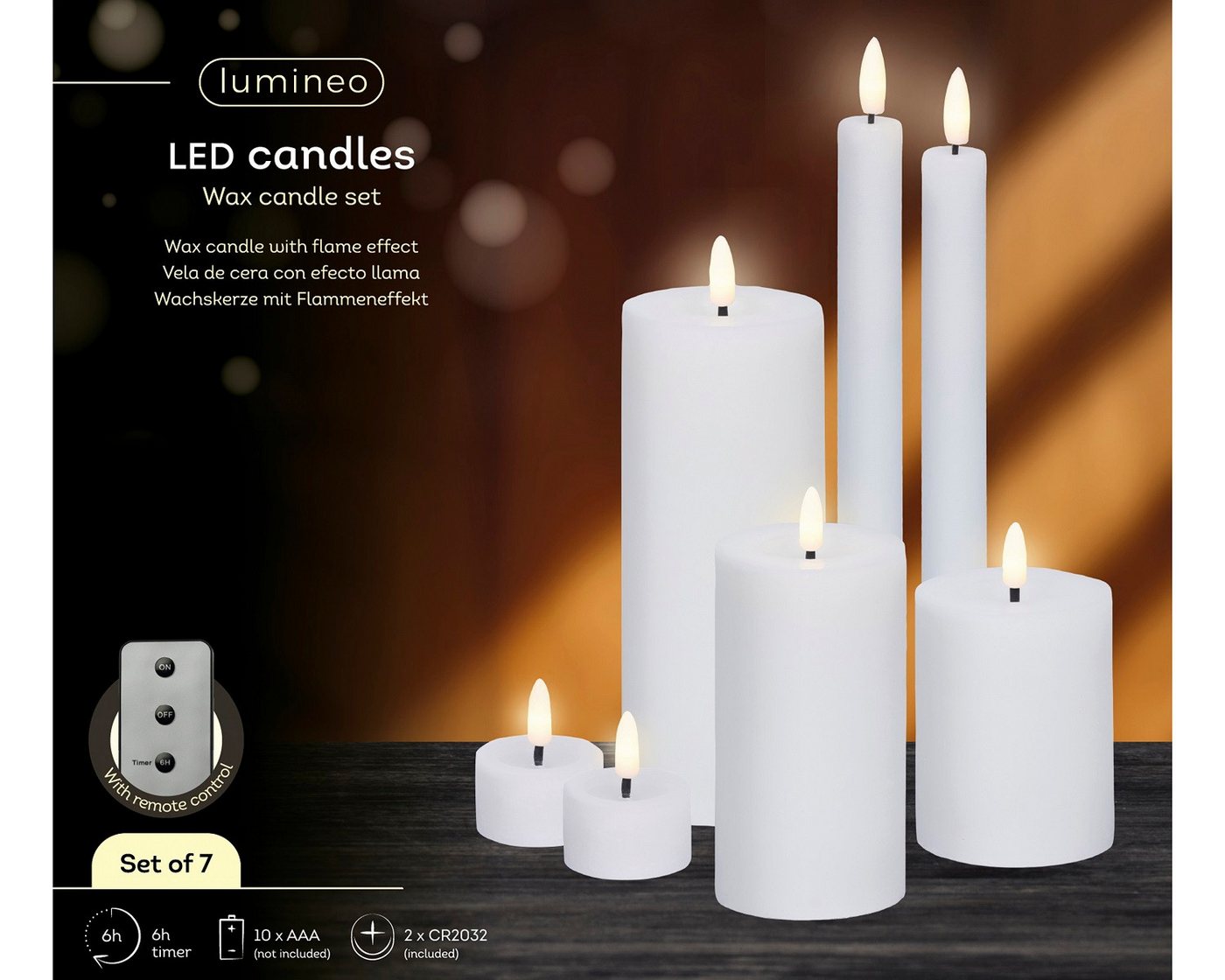 Lumineo LED-Christbaumkerzen Lumineo LED Wachskerzen 7er-Set Weiß, batteriebetrieben, 6h-Timer, Indoor, Flacker-Effekt, 2x AAA Batterien, mit Fernbedienung Lumineo LED-Christbaumkerzen Lumineo LED Wachskerzen 7er-Set Weiß, batteriebetrieben, 6h-Timer, Indoor, Flacker-Effekt, 2x AAA Batterien, mit Fernbedienung von Lumineo