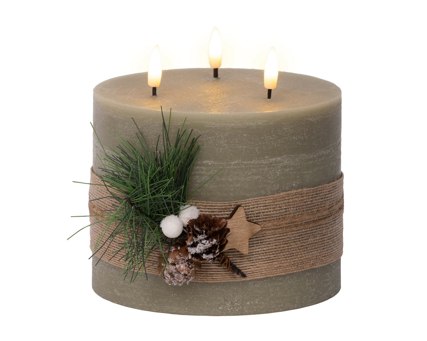 Lumineo LED-Kerze, LED Kerze mit Timer 3-flammig 15cm Wachs Rustik Grün / Warmweiß von Lumineo