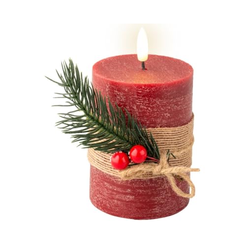 Lumineo LED Kerze mit Timerfunktion 7,5x13cm Wachs - flackernde Flamme Effekt - Echtwachskerze batteriebetrieben - Weihnachtskerze Rustik Bordeaux Warmweiß von Lumineo