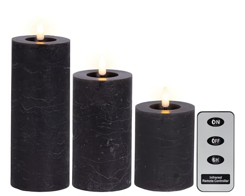 Lumineo LED Kerzen mit Timerfunktion 11-19cm Wachs 3er Set - flackernde Flamme Effekt - Echtwachskerze batteriebetrieben - Wachskerze Stumpenkerze Rustik Grau Warmweiß von Lumineo