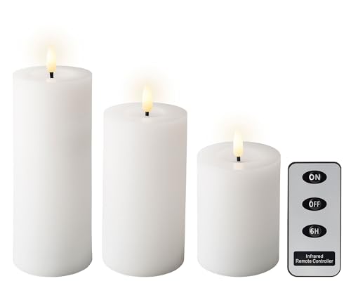 Lumineo LED Kerzen mit Timerfunktion 11-19cm Wachs 3er Set - flackernde Flamme Effekt - Echtwachskerze batteriebetrieben - Wachskerze Stumpenkerze Rustik Weiß Warmweiß von Lumineo