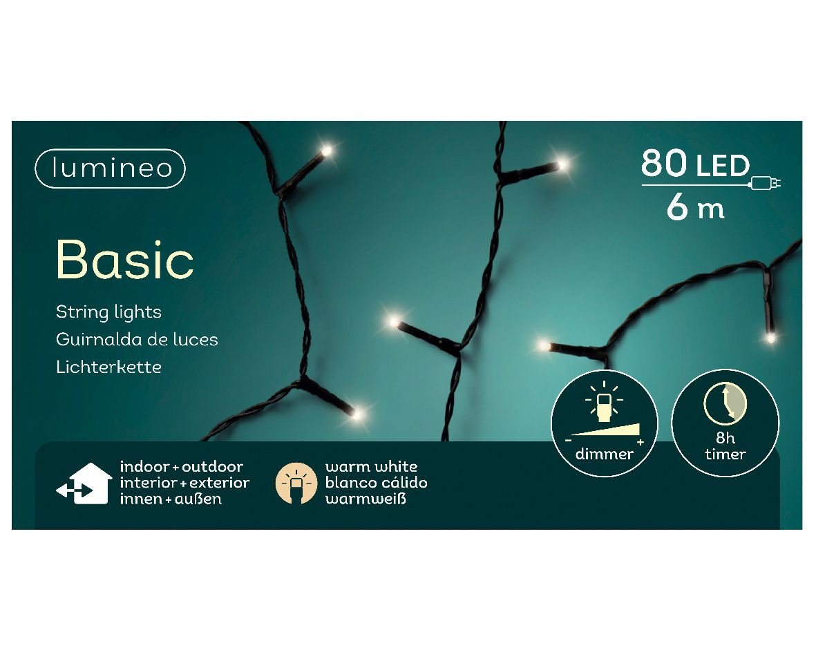 Lumineo LED-Lichterkette Lumineo Lichterkette Basic 80 LED 6 m warm weiß, schwarzes Kabel, Indoor, Outdoor, dimmbar, 8h-Timer von Lumineo