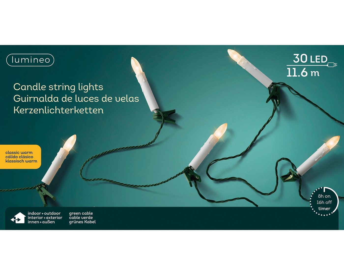 Lumineo LED-Lichterkette Lumineo Kerzen-Lichterkette 30 LED 11,6 m klassisch warm, grünes Kabel, 8h-Timer, Indoor/Outdoor, IP44-Schutz Lumineo LED-Lichterkette Lumineo Kerzen-Lichterkette 30 LED 11,6 m klassisch warm, grünes Kabel, 8h-Timer, Indoor/Outdoor, IP44-Schutz von Lumineo