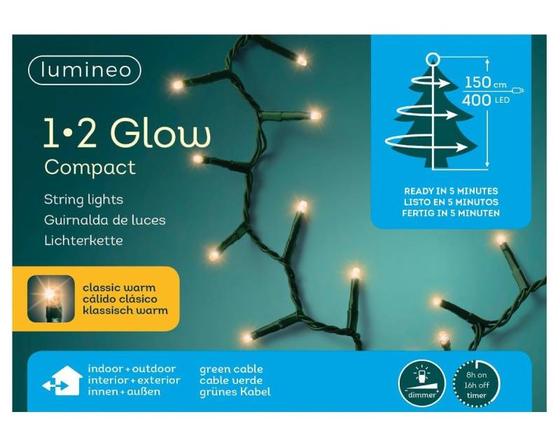 Lumineo LED-Lichterkette Lumineo Lichterkette 1-2 Glow Compact 400 LED 1,5 m klassisch warm, Dimmbar, Timer, Indoor, Outdoor von Lumineo