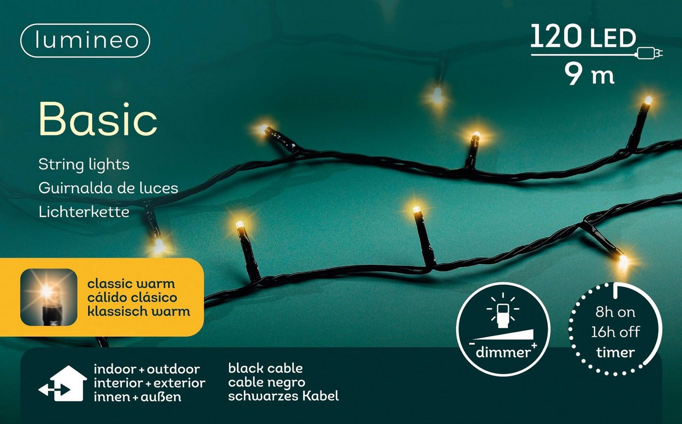 Lumineo LED-Lichterkette Lumineo Lichterkette BASIC 120 LED 9 m klassisch warm, schwarzes Kabel, Indoor/Outdoor, dimmbar, 8h-Timer, + 5 m Zuleitung Lumineo LED-Lichterkette Lumineo Lichterkette BASIC 120 LED 9 m klassisch warm, schwarzes Kabel, Indoor/Outdoor, dimmbar, 8h-Timer, + 5 m Zuleitung von Lumineo