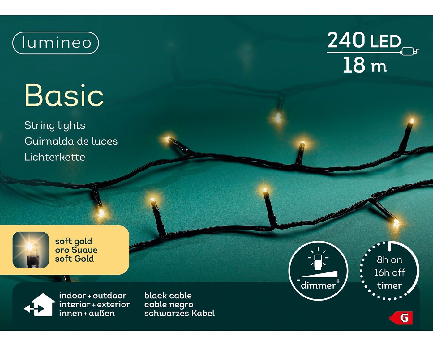 Lumineo LED-Lichterkette Lumineo Lichterkette BASIC 240 LED 18 m Soft Gold, schwarzes Kabel, Indoor/Outdoor, dimmbar, 8h-Timer, + 5 m Zuleitung Lumineo LED-Lichterkette Lumineo Lichterkette BASIC 240 LED 18 m Soft Gold, schwarzes Kabel, Indoor/Outdoor, dimmbar, 8h-Timer, + 5 m Zuleitung von Lumineo