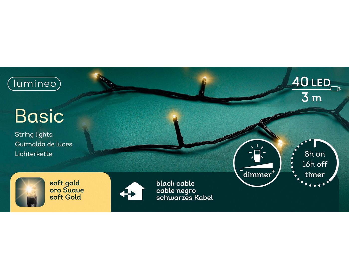 Lumineo LED-Lichterkette Lumineo Lichterkette BASIC 40 LED 3 m Soft Gold, schwarzes Kabel, Indoor/Outdoor, dimmbar, 8h-Timer, 5 m Zuleitung Lumineo LED-Lichterkette Lumineo Lichterkette BASIC 40 LED 3 m Soft Gold, schwarzes Kabel, Indoor/Outdoor, dimmbar, 8h-Timer, 5 m Zuleitung von Lumineo