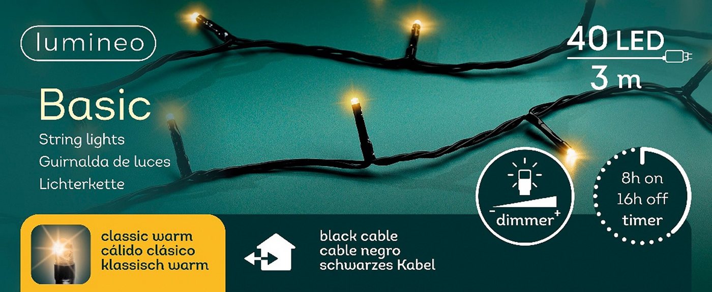 Lumineo LED-Lichterkette Lumineo Lichterkette BASIC 40 LED 3 m klassisch warm, schwarzes Kabel, Indoor/Outdoor, dimmbar, 8h-Timer, + 5 m Zuleitung Lumineo LED-Lichterkette Lumineo Lichterkette BASIC 40 LED 3 m klassisch warm, schwarzes Kabel, Indoor/Outdoor, dimmbar, 8h-Timer, + 5 m Zuleitung von Lumineo